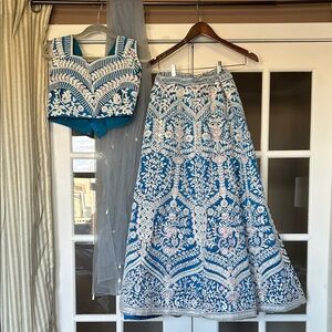 Blue Embroidered Indian Wedding / Celebration Lehenga 3 piece set